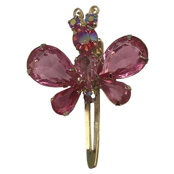 Gold Tone Pink Prong Set Rhinestone Butterfly Hair Clip, M123